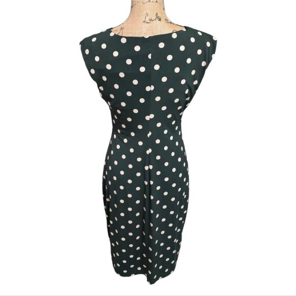 Connected Apparel Green Ivory Polka Dot Stretch Sheath Drape Neck Dress Size 10 - Picture 6 of 9